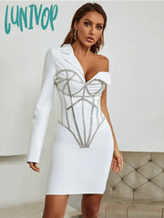 Lunivop Winter Sexy Long Sleeve Single Beading Sparkly White Mini Women Bodycon Bandage Dress