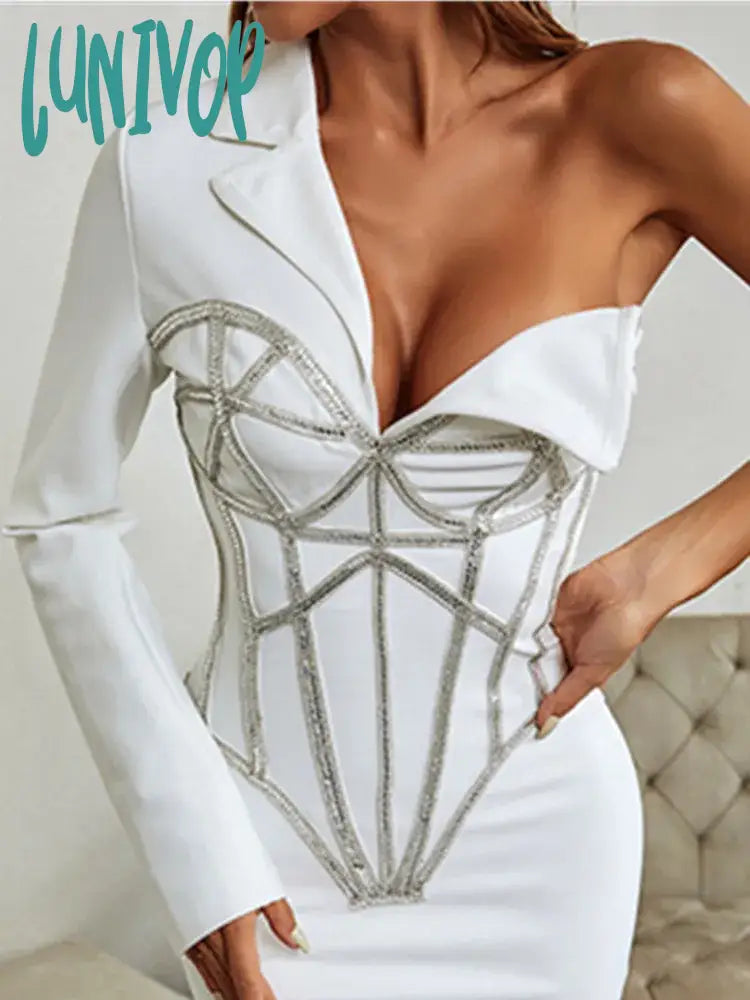 Lunivop Winter Sexy Long Sleeve Single Beading Sparkly White Mini Women Bodycon Bandage Dress