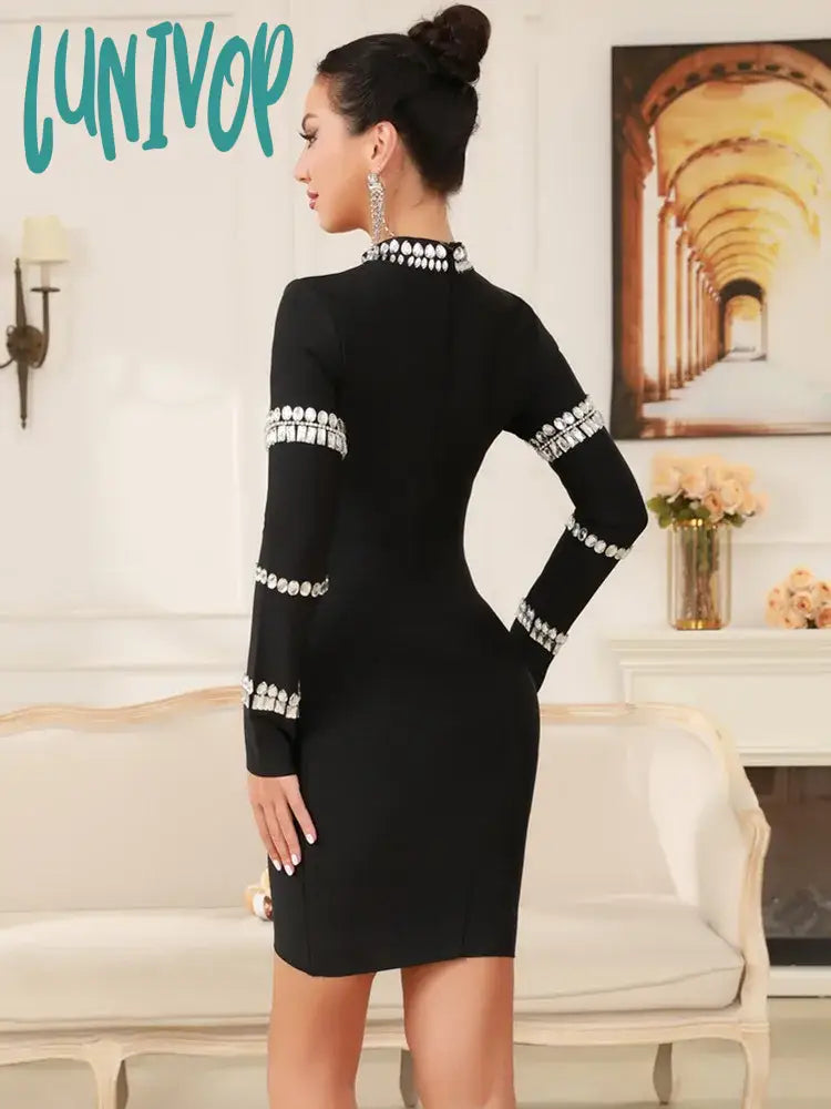 Lunivop Winter Women Celebrity Sexy Long Sleeve Diamonds Beading Black Mini Bandage Dress 2024