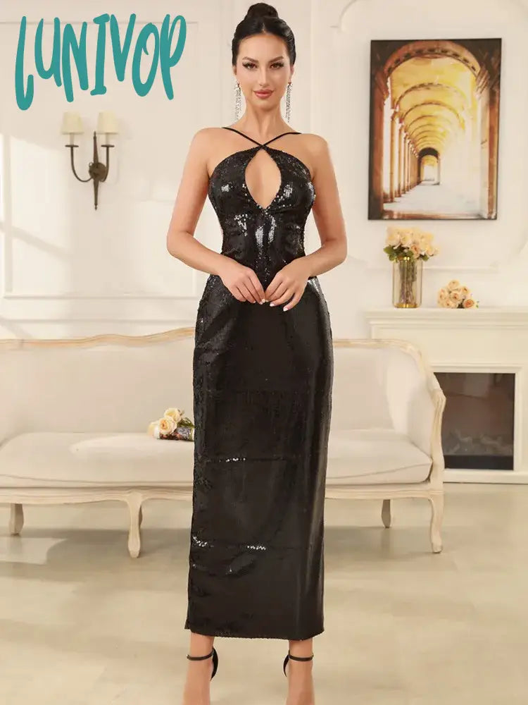Lunivop Winter Women Celebrity Sexy Sleeveless Backless Mesh Sequins Black Maxi Long Dress 2024