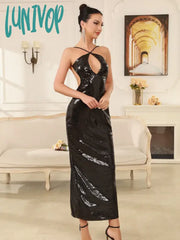 Lunivop Winter Women Celebrity Sexy Sleeveless Backless Mesh Sequins Black Maxi Long Dress 2024