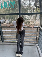 Lunivop Woman Casual Jeans Tight Bodycon Denim Low Waist Pants Straight Leg Gradient Color Tie-Dyed
