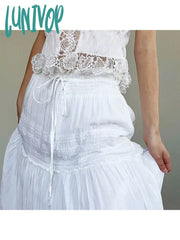 Lunivop Woman Chiffon Pleated Gauze Skirt Baggy A-Line Low Waist Solid Color Maxi Elegant Korean
