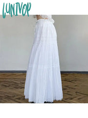 Lunivop Woman Chiffon Pleated Gauze Skirt Baggy A-Line Low Waist Solid Color Maxi Elegant Korean