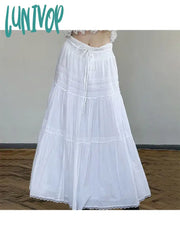 Lunivop Woman Chiffon Pleated Gauze Skirt Baggy A-Line Low Waist Solid Color Maxi Elegant Korean