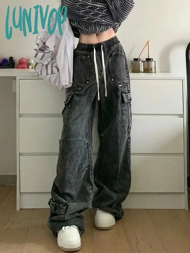Lunivop Woman Denim Loose Casual High Waist Wide Leg Solid Color Tie-Dyed Floor-Length Wash Jeans