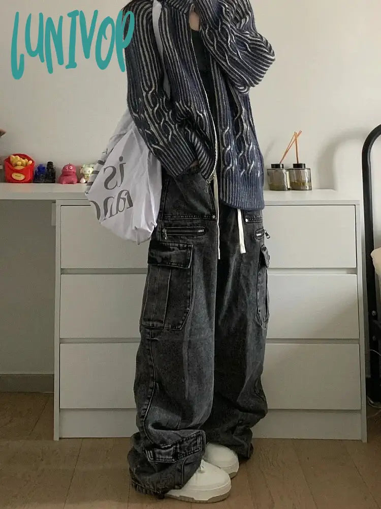 Lunivop Woman Denim Loose Casual High Waist Wide Leg Solid Color Tie-Dyed Floor-Length Wash Jeans