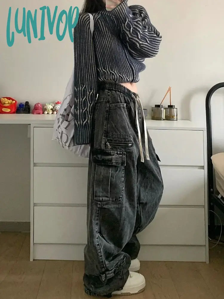 Lunivop Woman Denim Loose Casual High Waist Wide Leg Solid Color Tie-Dyed Floor-Length Wash Jeans