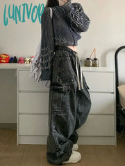 Lunivop Woman Denim Loose Casual High Waist Wide Leg Solid Color Tie-Dyed Floor-Length Wash Jeans
