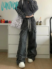 Lunivop Woman Denim Loose Casual High Waist Wide Leg Solid Color Tie-Dyed Floor-Length Wash Jeans