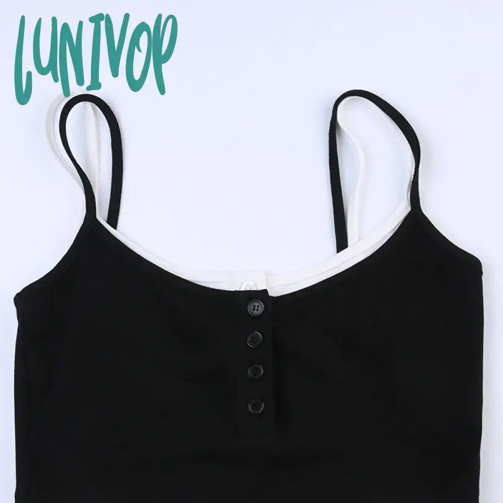 Lunivop Woman Knit Camisole Square Neck Tank Fake Two Pieces Top Crop Cozy Tops Elegant Halter