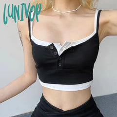 Lunivop Woman Knit Camisole Square Neck Tank Fake Two Pieces Top Crop Cozy Tops Elegant Halter