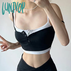 Lunivop Woman Knit Camisole Square Neck Tank Fake Two Pieces Top Crop Cozy Tops Elegant Halter