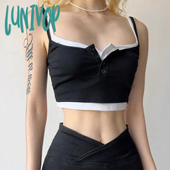 Lunivop Woman Knit Camisole Square Neck Tank Fake Two Pieces Top Crop Cozy Tops Elegant Halter