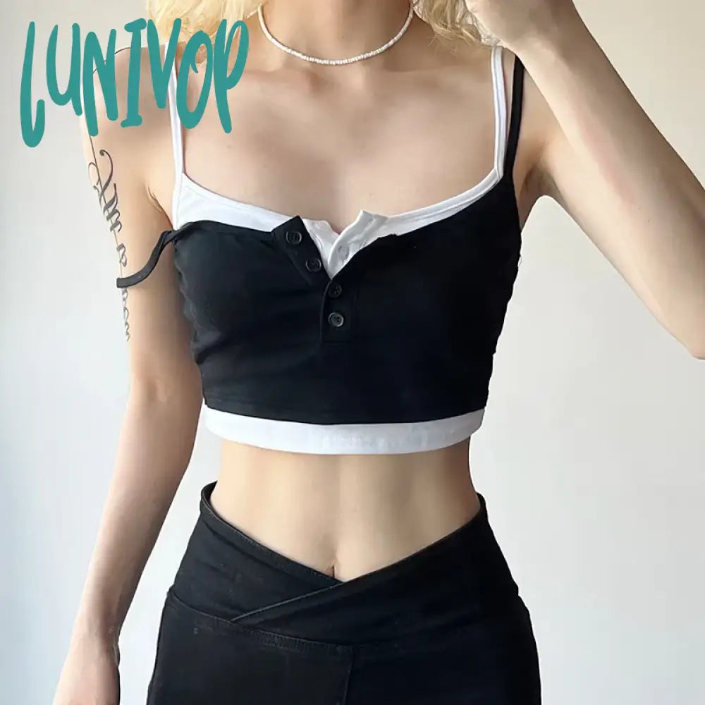 Lunivop Woman Knit Camisole Square Neck Tank Fake Two Pieces Top Crop Cozy Tops Elegant Halter