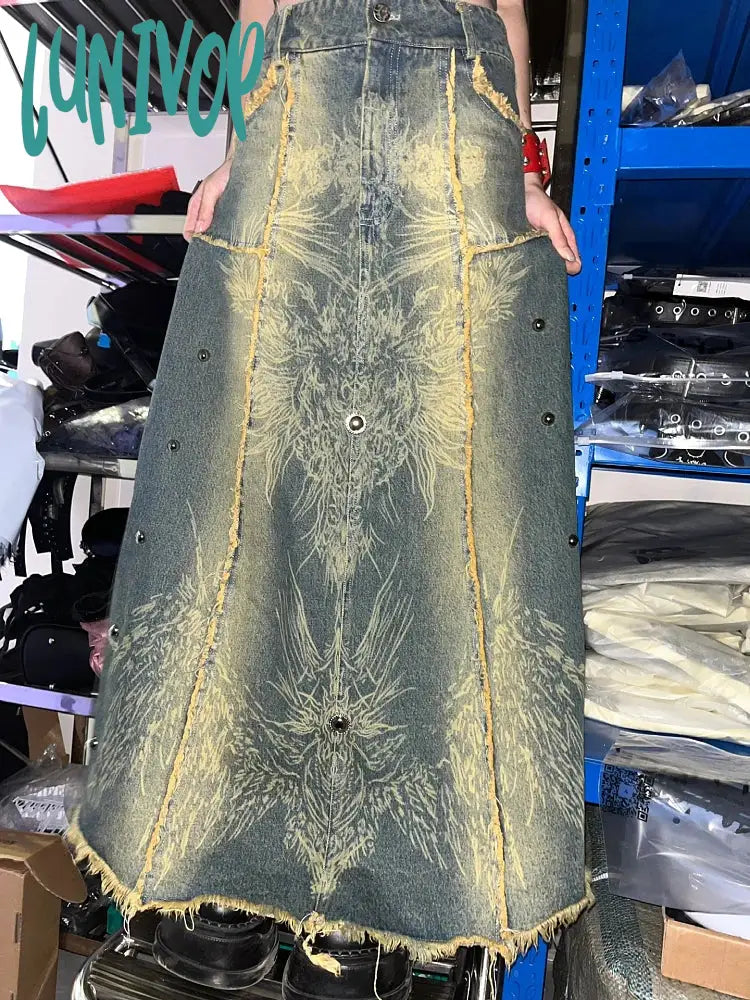 Lunivop Woman Loose Denim Low Waist Pleated Gradient Color A-Line Tie-Dyed Skirt Fashion Vintage