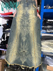 Lunivop Woman Loose Denim Low Waist Pleated Gradient Color A-Line Tie-Dyed Skirt Fashion Vintage