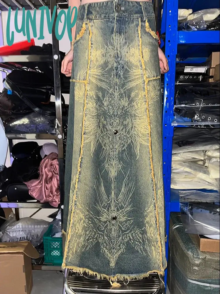 Lunivop Woman Loose Denim Low Waist Pleated Gradient Color A-Line Tie-Dyed Skirt Fashion Vintage