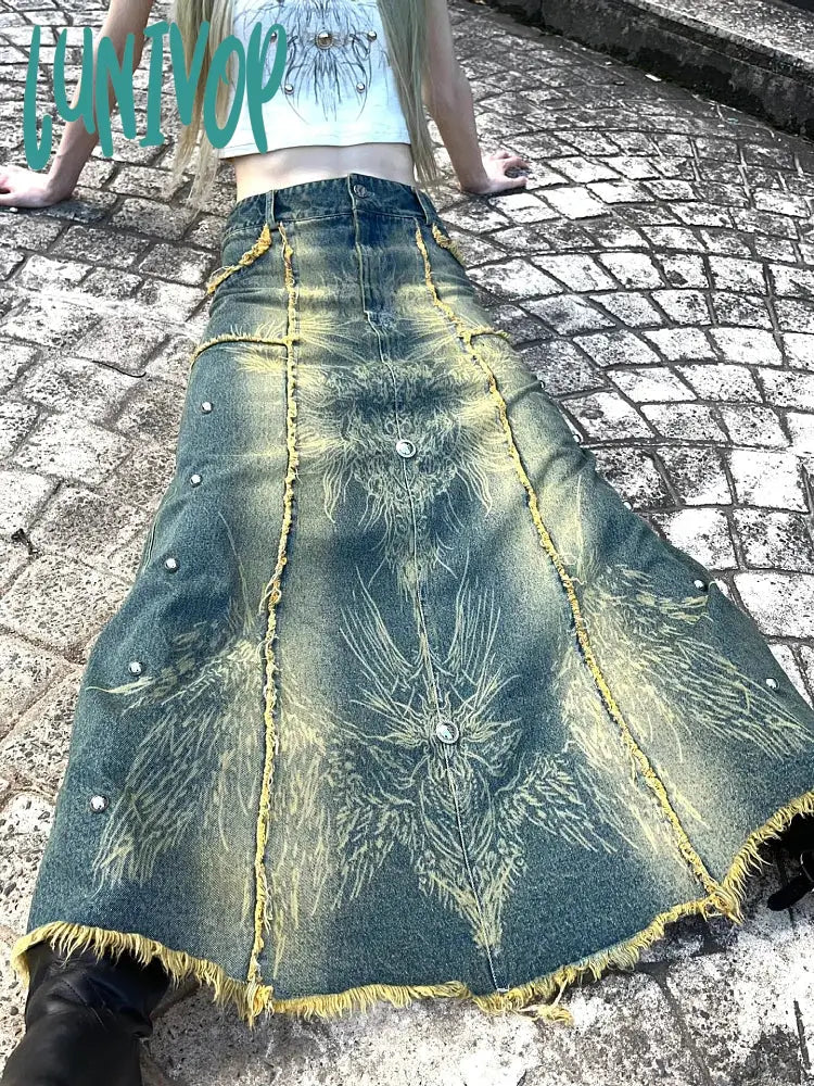 Lunivop Woman Loose Denim Low Waist Pleated Gradient Color A-Line Tie-Dyed Skirt Fashion Vintage