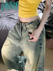 Lunivop Woman Loose Jeans Casual Low Waist Denim Straight Leg Pants Gradient Color Tie-Dyed Pockets