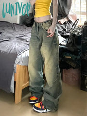 Lunivop Woman Loose Jeans Casual Low Waist Denim Straight Leg Pants Gradient Color Tie-Dyed Pockets