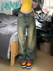 Lunivop Woman Loose Jeans Casual Low Waist Denim Straight Leg Pants Gradient Color Tie-Dyed Pockets