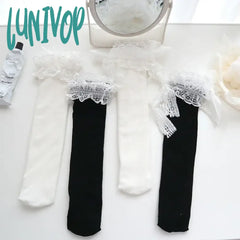 Lunivop Woman Socks Solid Black White Lolita Lacework Ruffle Bow Middle Tube Soft Girl Korean Style