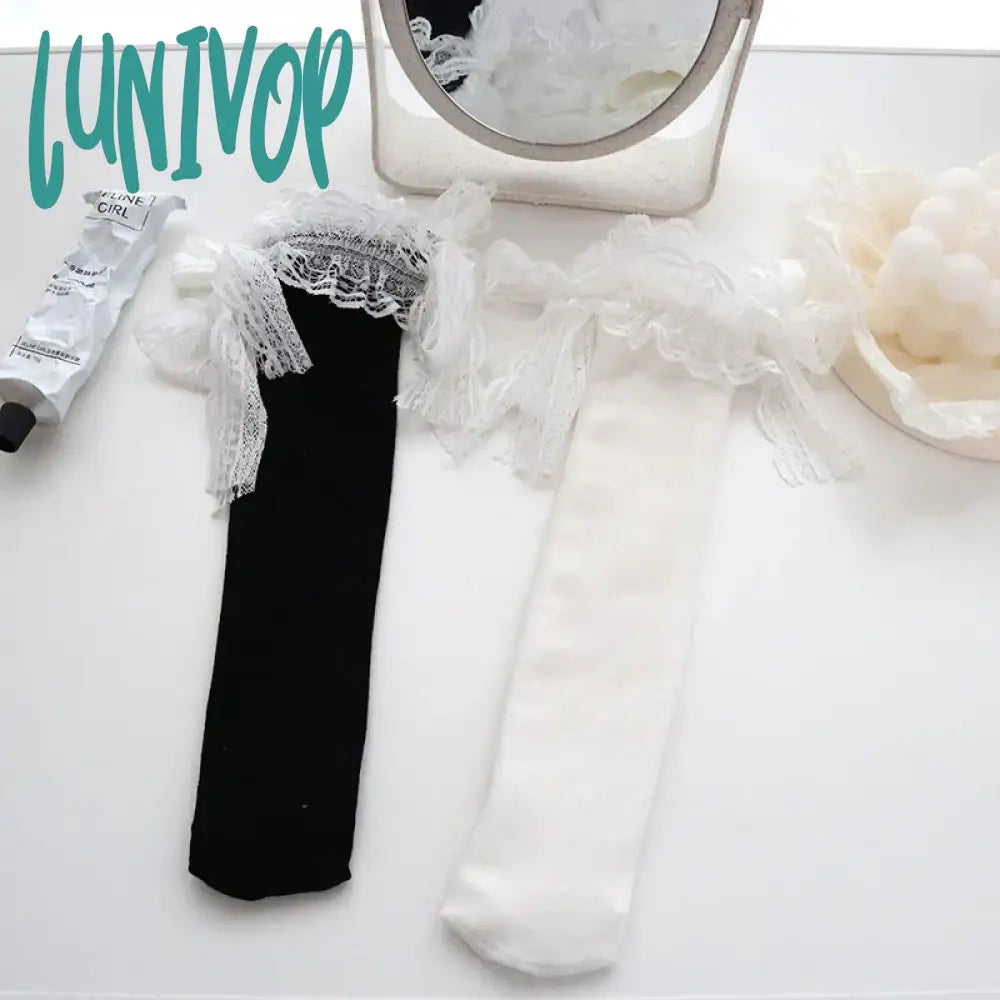 Lunivop Woman Socks Solid Black White Lolita Lacework Ruffle Bow Middle Tube Soft Girl Korean Style