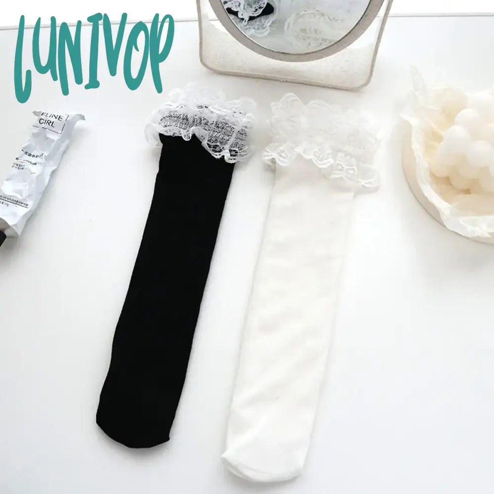 Lunivop Woman Socks Solid Black White Lolita Lacework Ruffle Bow Middle Tube Soft Girl Korean Style