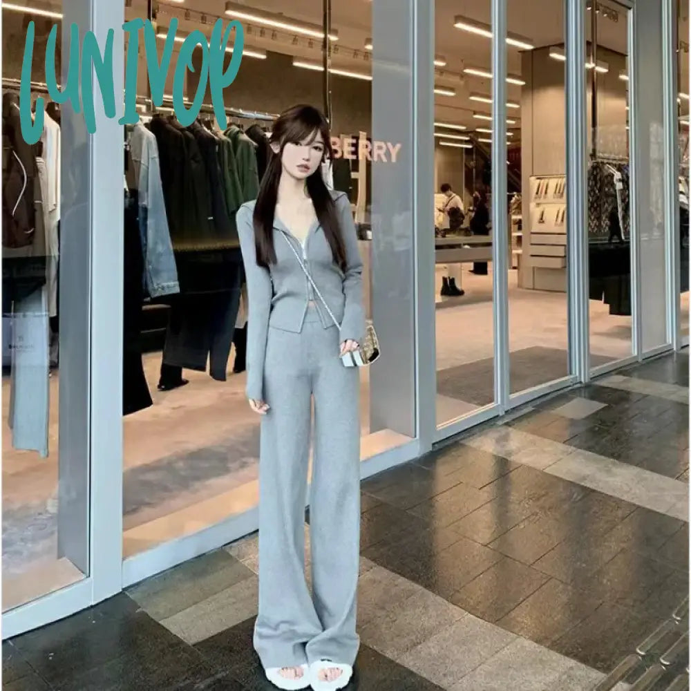 Lunivop Women Autumn Fashions New Two Leisure Tracksuit Long Sleeve Zipper Wide-Legged Pants Suit