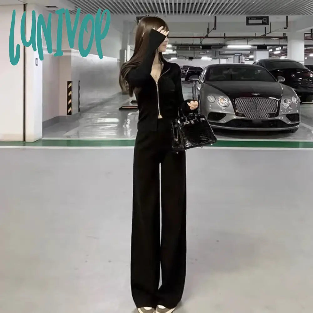 Lunivop Women Autumn Fashions New Two Leisure Tracksuit Long Sleeve Zipper Wide-Legged Pants Suit