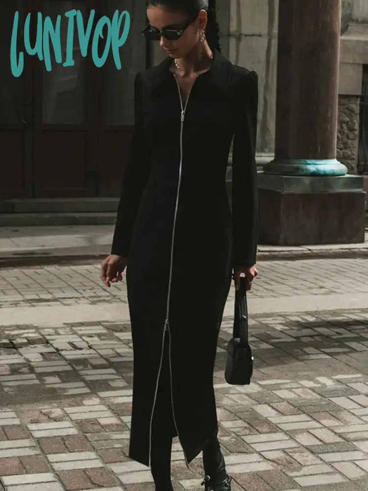 Lunivop Women Autumn Winter Office Dresses Long Sleeve Sexy Bodycon Slim Fit Solid Black Midi