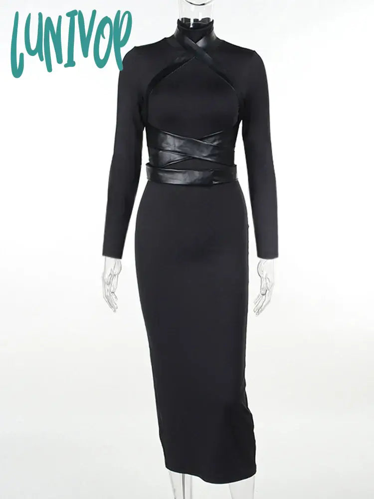 Lunivop Women Autumn Winter Turtleneck Midi Bodycon Dresses Solid Black Long Sleeve Sexy Slim Fit