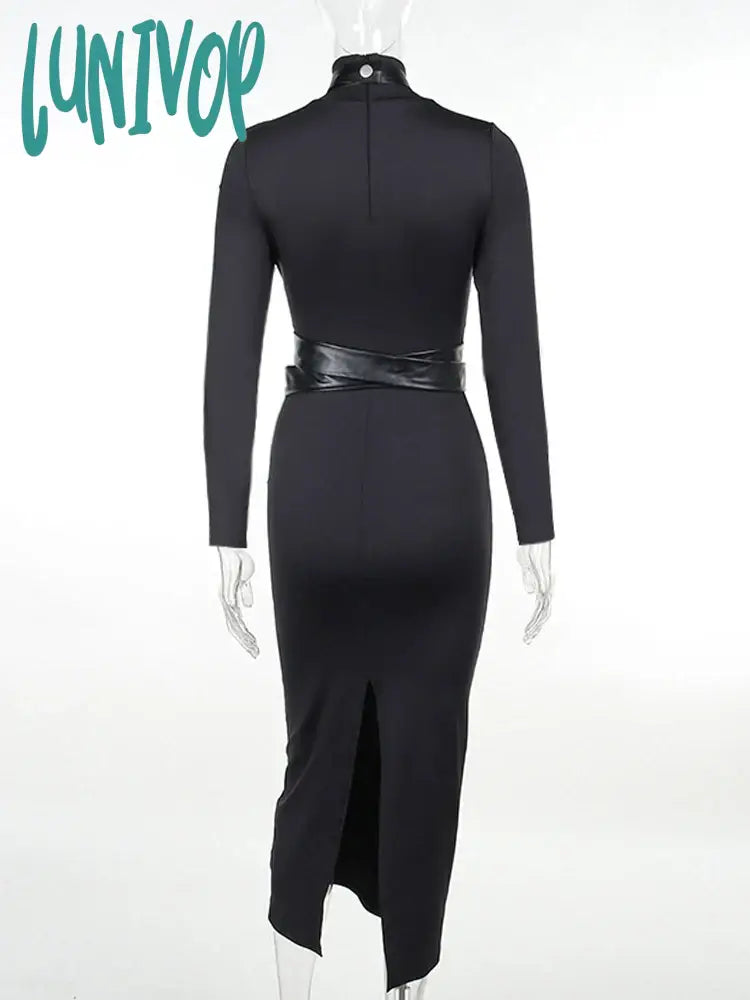 Lunivop Women Autumn Winter Turtleneck Midi Bodycon Dresses Solid Black Long Sleeve Sexy Slim Fit