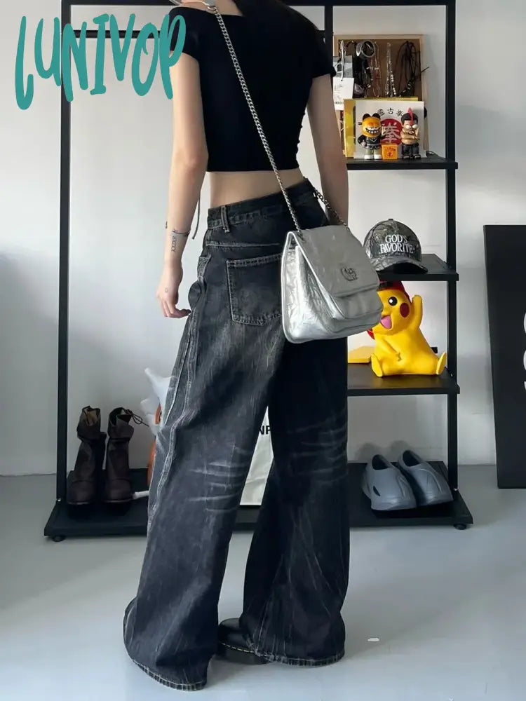 Lunivop Women Black Gothic Y2K Cargo Jeans Baggy Harajuku Denim Trousers Emo Jean Pants Vintage
