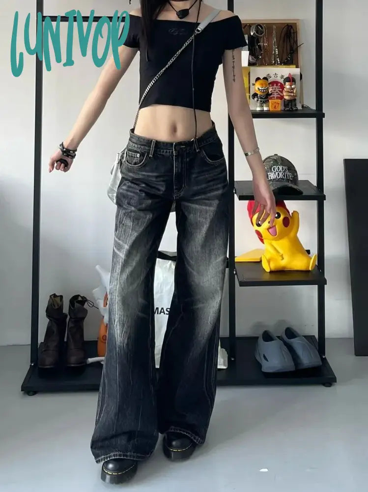Lunivop Women Black Gothic Y2K Cargo Jeans Baggy Harajuku Denim Trousers Emo Jean Pants Vintage