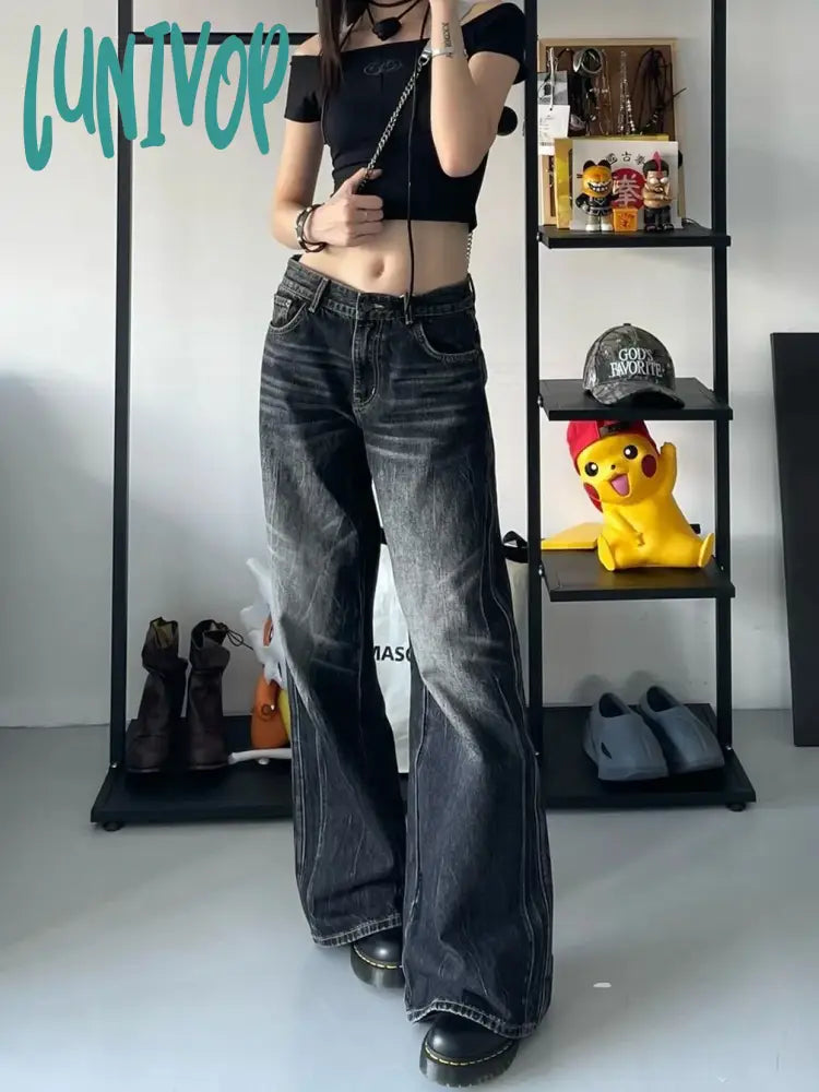 Lunivop Women Black Gothic Y2K Cargo Jeans Baggy Harajuku Denim Trousers Emo Jean Pants Vintage