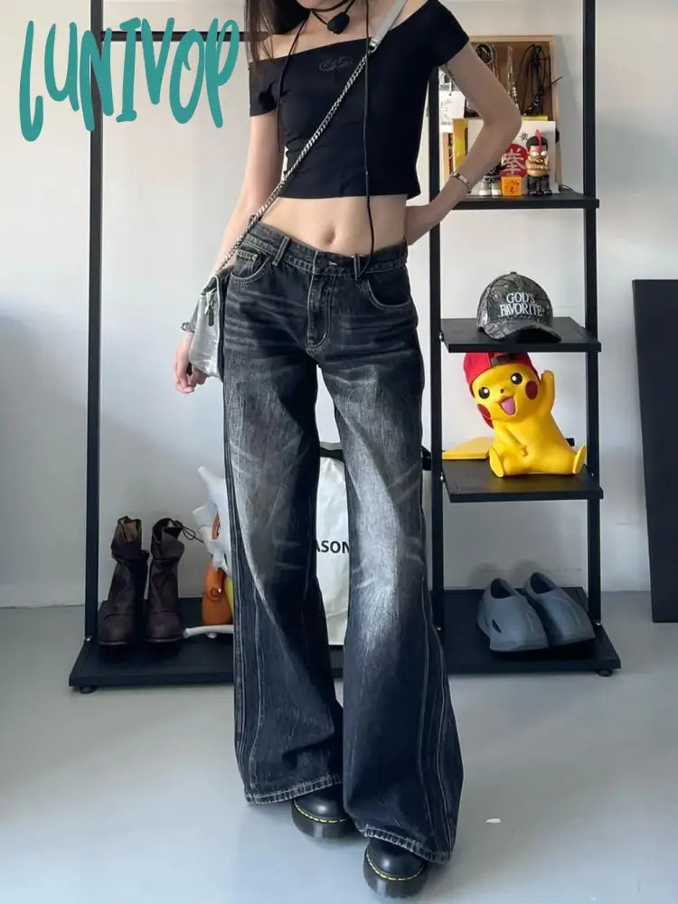 Lunivop Women Black Gothic Y2K Cargo Jeans Baggy Harajuku Denim Trousers Emo Jean Pants Vintage