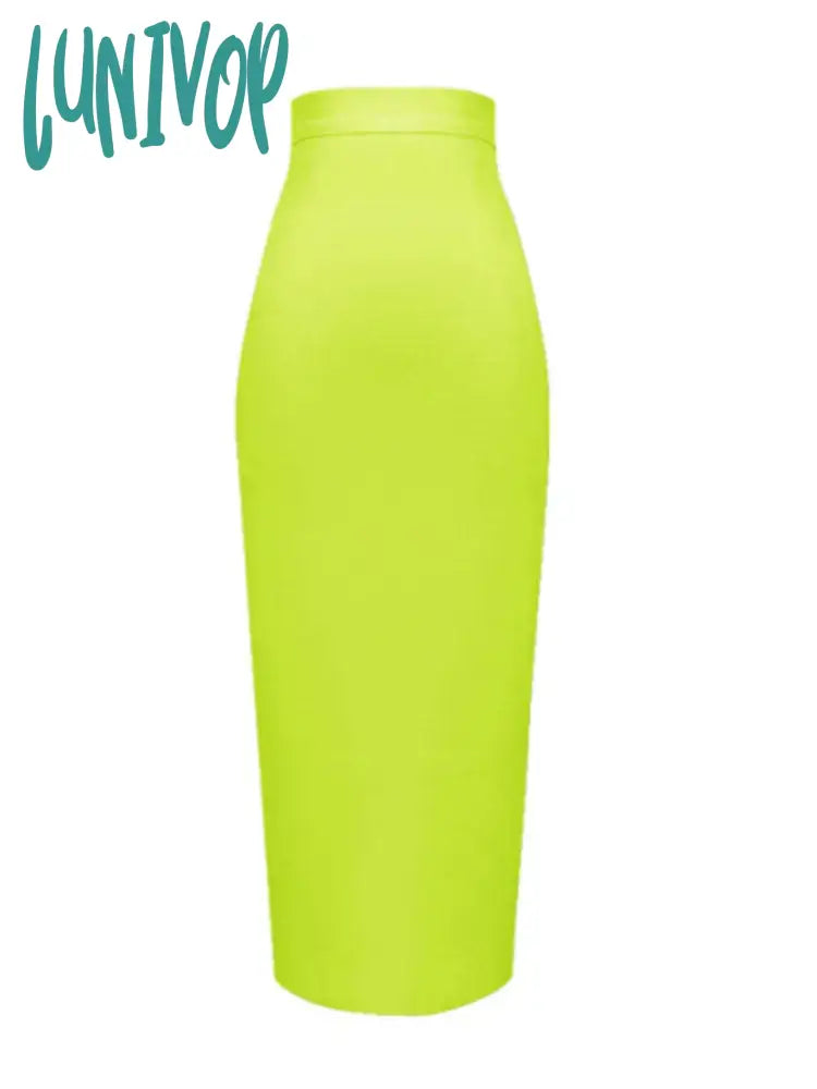 Lunivop Women Candy Color Sexy Neon Green Pink Orange Yellow Midi Knee Length Bandage Skirt