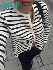 Lunivop Women Casual Striped Sweater Winter Fashion Single Breasted Knit Short Cardigan Female