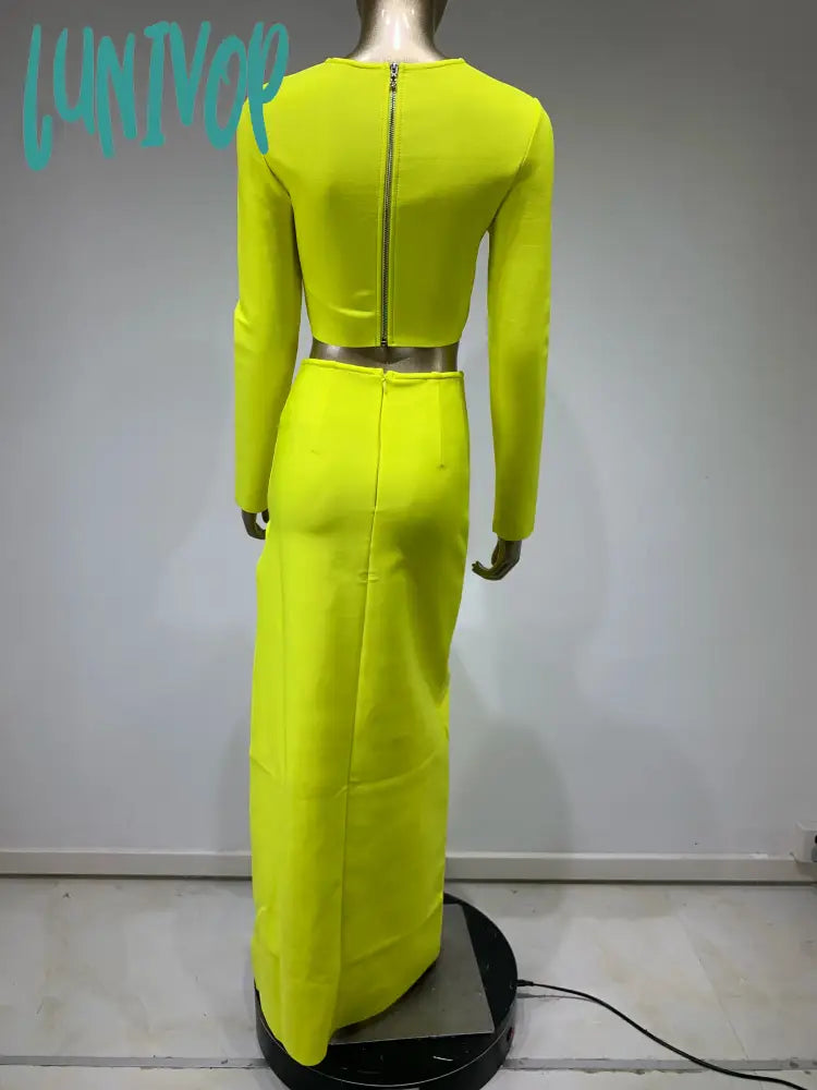 Lunivop Women Celebrity Sexy Long Sleeve Lemon Yellow Starfish Maxi Bodycon Bandage Skirt Set