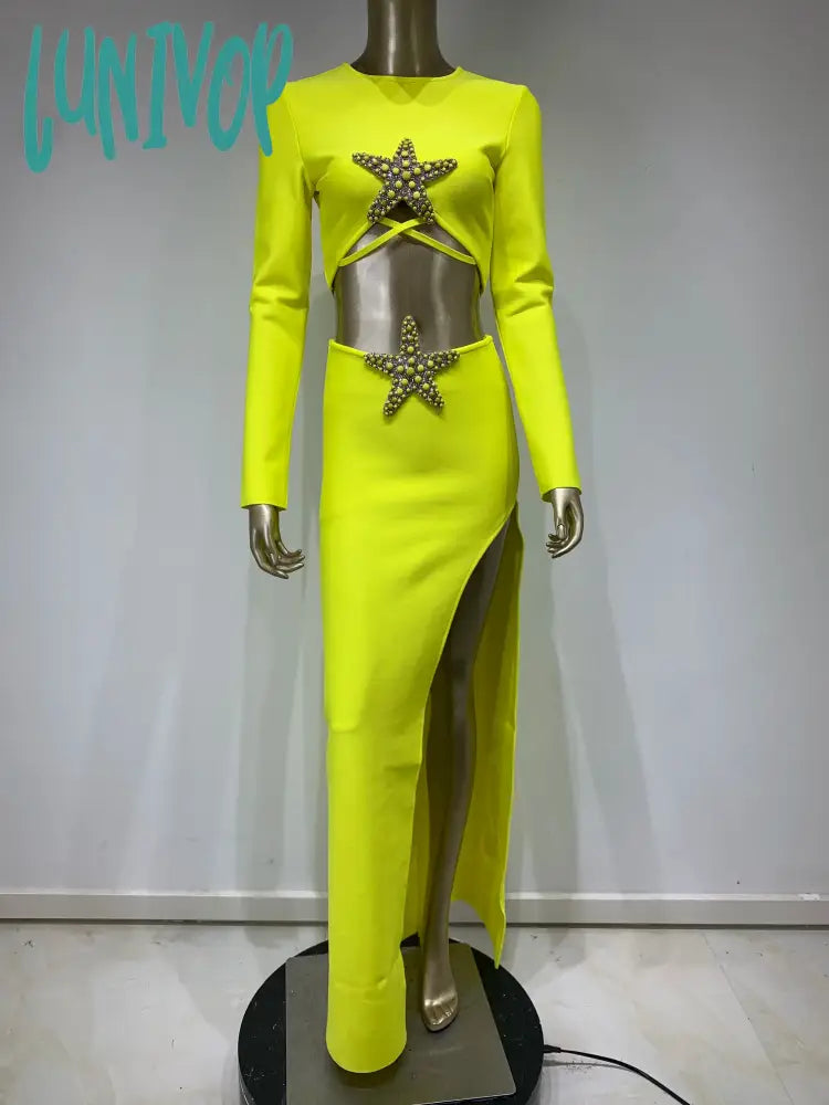 Lunivop Women Celebrity Sexy Long Sleeve Lemon Yellow Starfish Maxi Bodycon Bandage Skirt Set