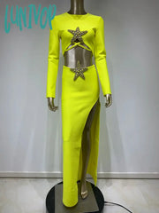 Lunivop Women Celebrity Sexy Long Sleeve Lemon Yellow Starfish Maxi Bodycon Bandage Skirt Set