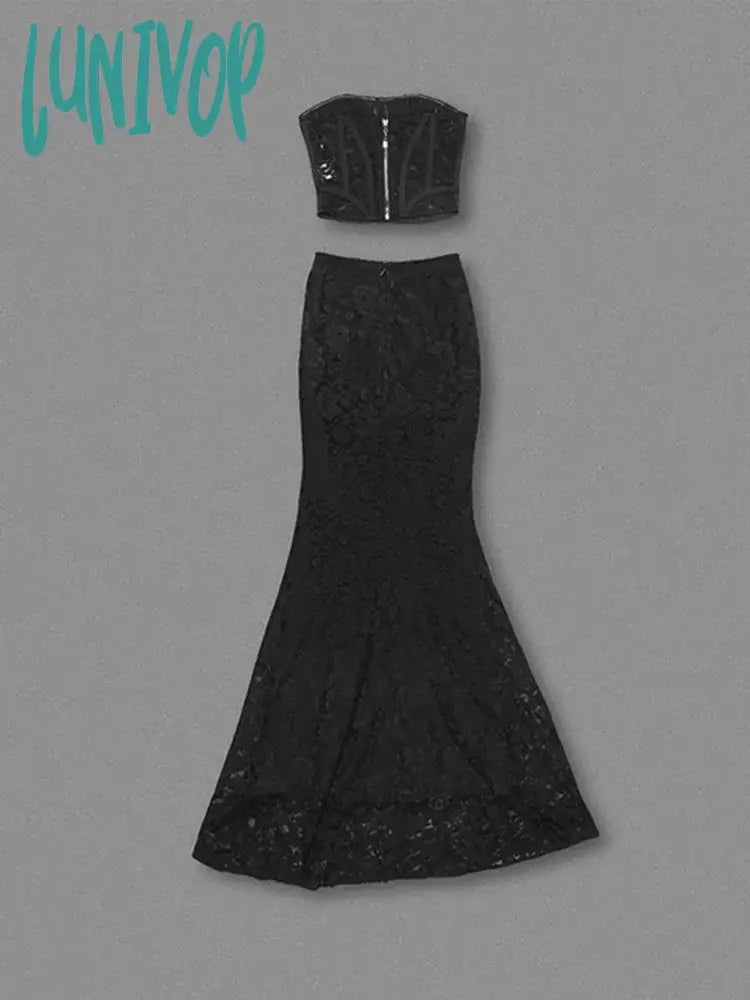 Lunivop Women Celebrity Sexy Strapless Backless Lace Black Maxi Long Skirt Bandage Set 2024 Elegant