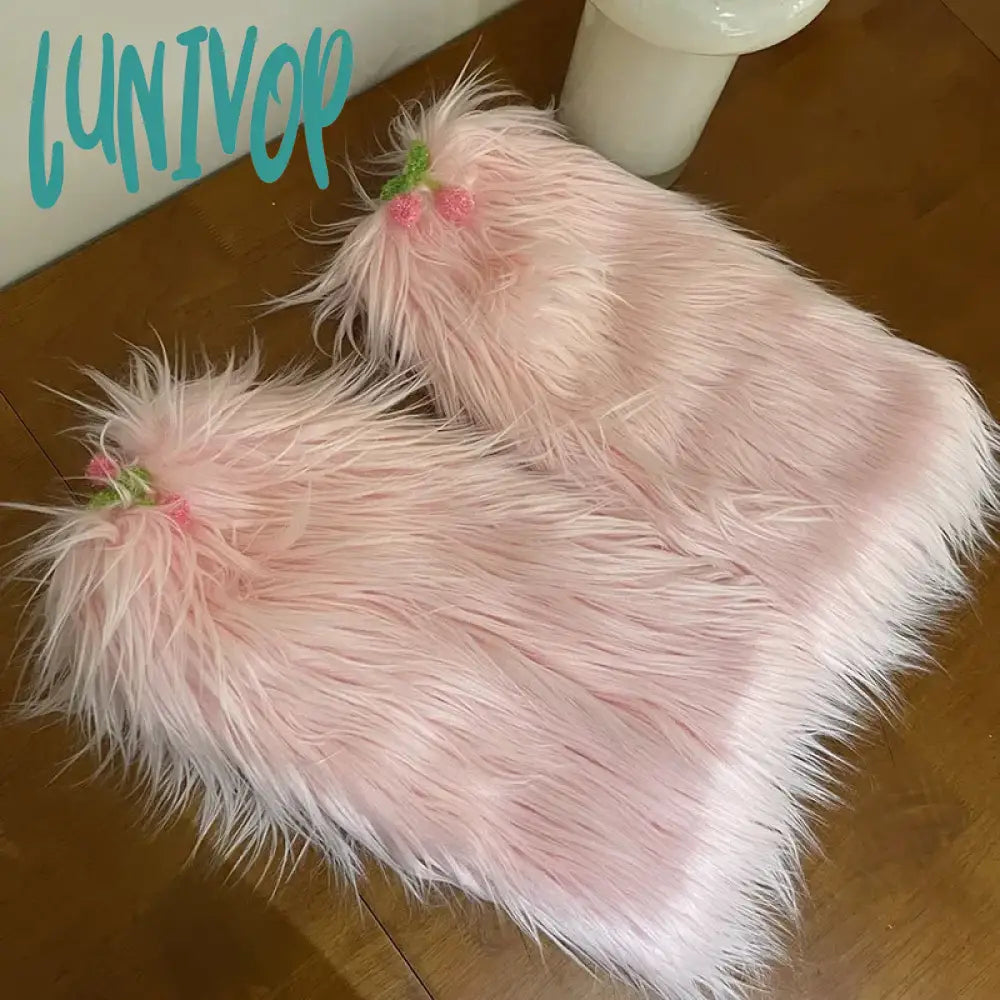 Lunivop Women Cherry Fur Faux Leg Warmers Kawaii Lolita Leggings Boots Stocking Y2K Girls Boot