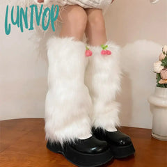 Lunivop Women Cherry Fur Faux Leg Warmers Kawaii Lolita Leggings Boots Stocking Y2K Girls Boot