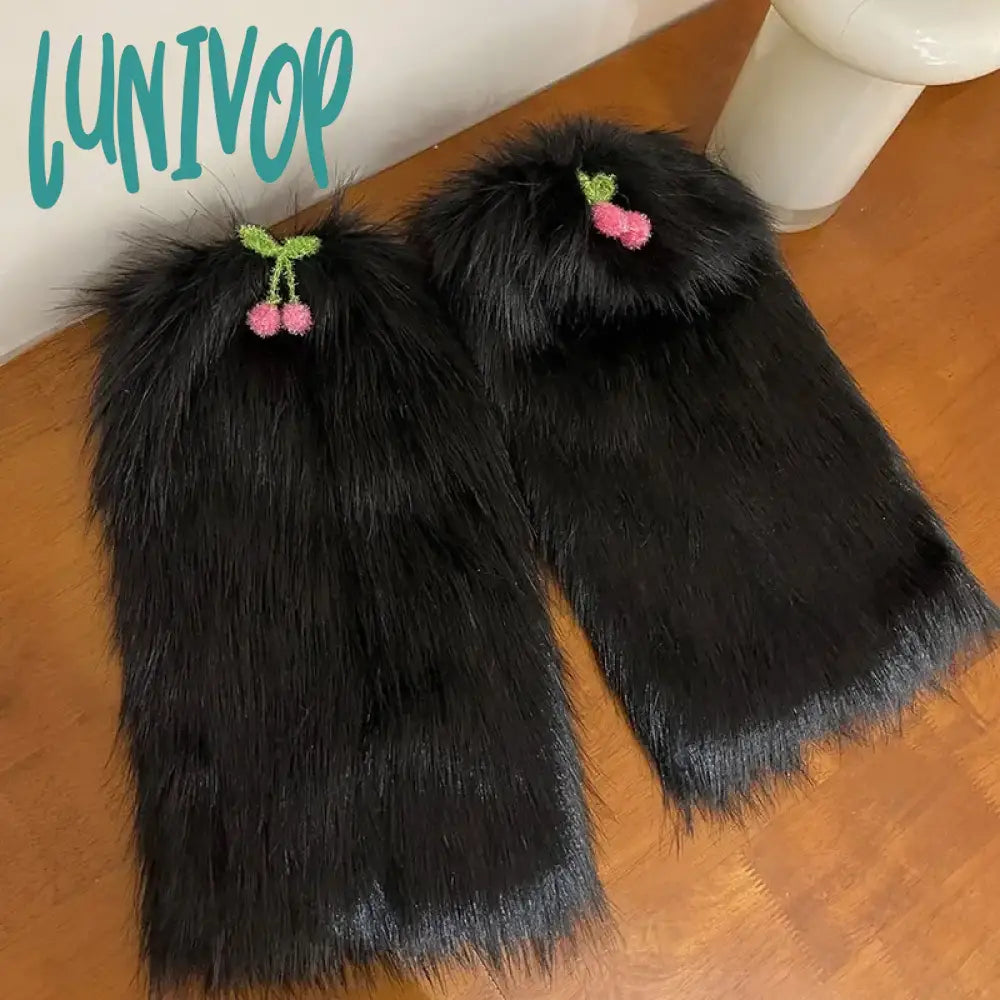 Lunivop Women Cherry Fur Faux Leg Warmers Kawaii Lolita Leggings Boots Stocking Y2K Girls Boot