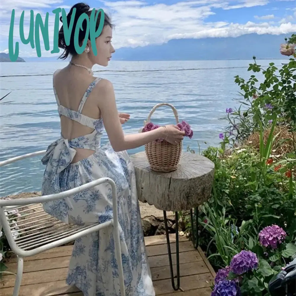 Lunivop Women Chinese Blue Floral Slip Dress Summer 2024 Bow Tie Elegant Casual Straps Vacation