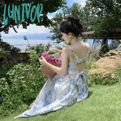 Lunivop Women Chinese Blue Floral Slip Dress Summer 2024 Bow Tie Elegant Casual Straps Vacation