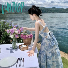 Lunivop Women Chinese Blue Floral Slip Dress Summer 2024 Bow Tie Elegant Casual Straps Vacation